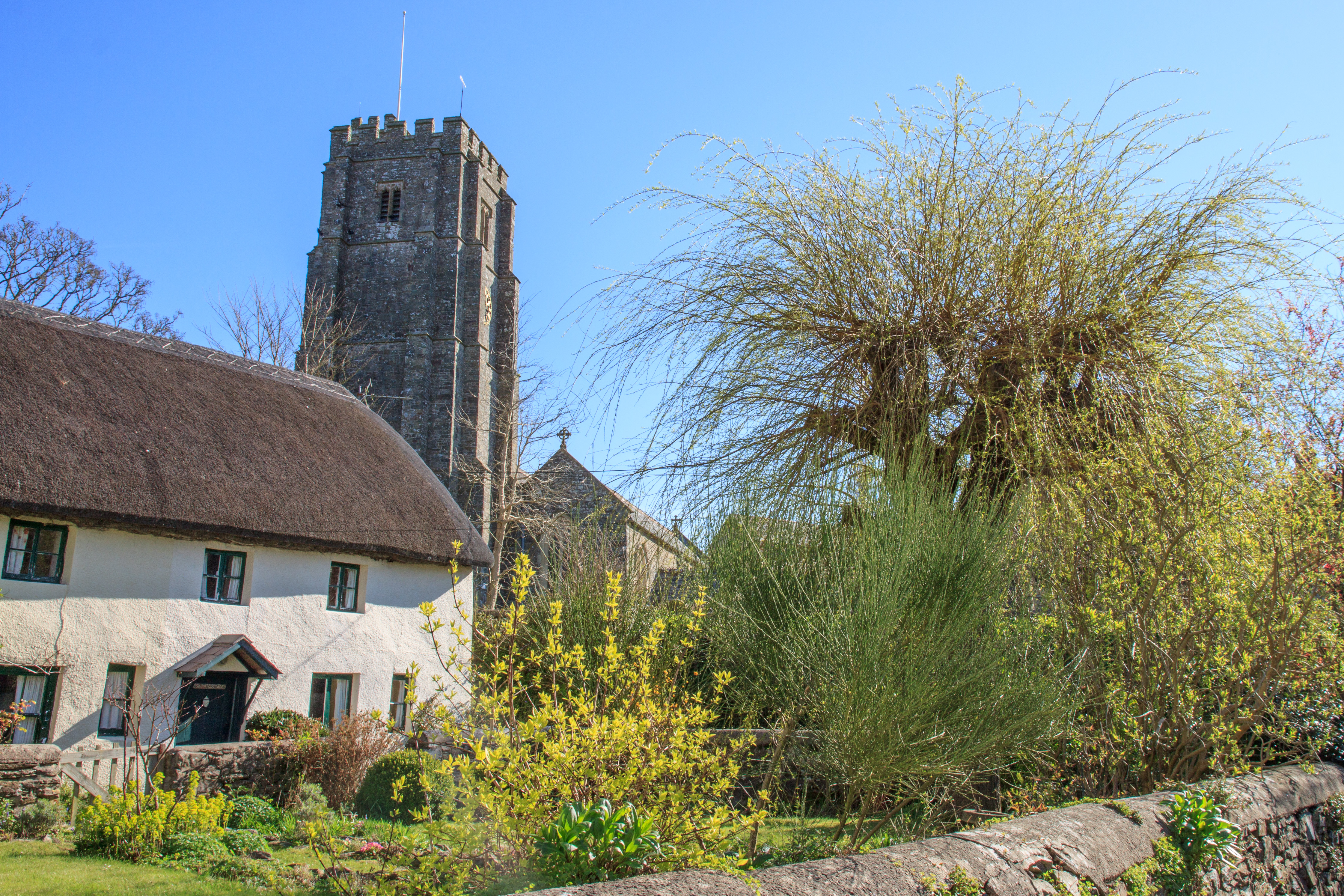 Henry Williamson's cottage and St George's Church in March