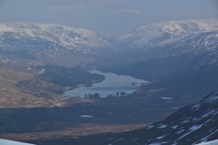View north east from summit of Leum Uilleim towards Loch Ossian. Beinn na Lap on the left and Sgor Gaibhre on the right. Corrour station just visible centre bottom. March 2015.